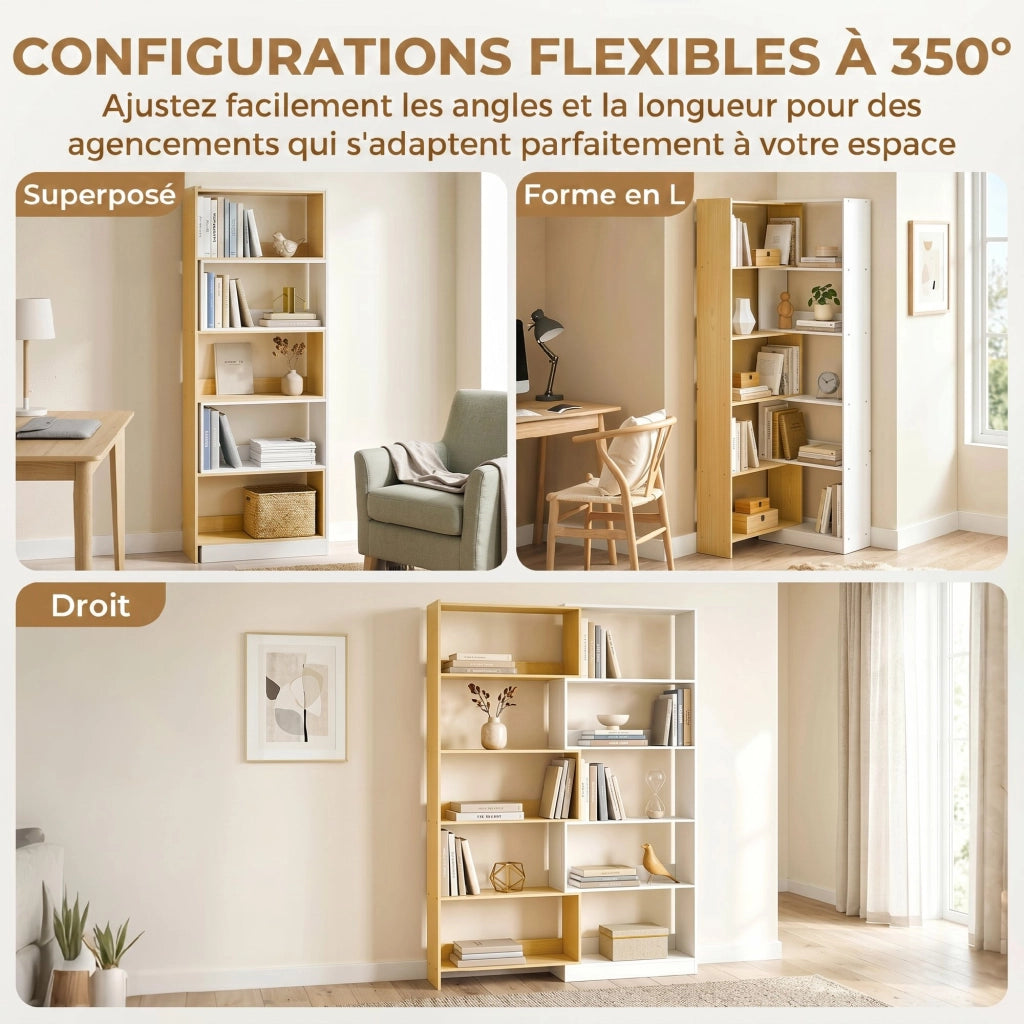 Libreria d'angolo rotante 5 livelli scaffale L mobile stoccaggio ¨C zephmum ¨C quercia 60-111x24x164cm