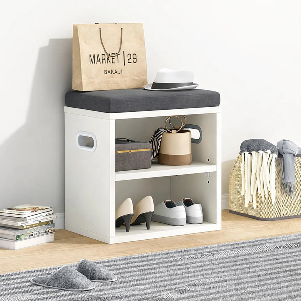 Panca Scarpiera da ingresso Industrial 44x30x40 cm con Cuscino Imbottito e Mensola Bianco Grigio