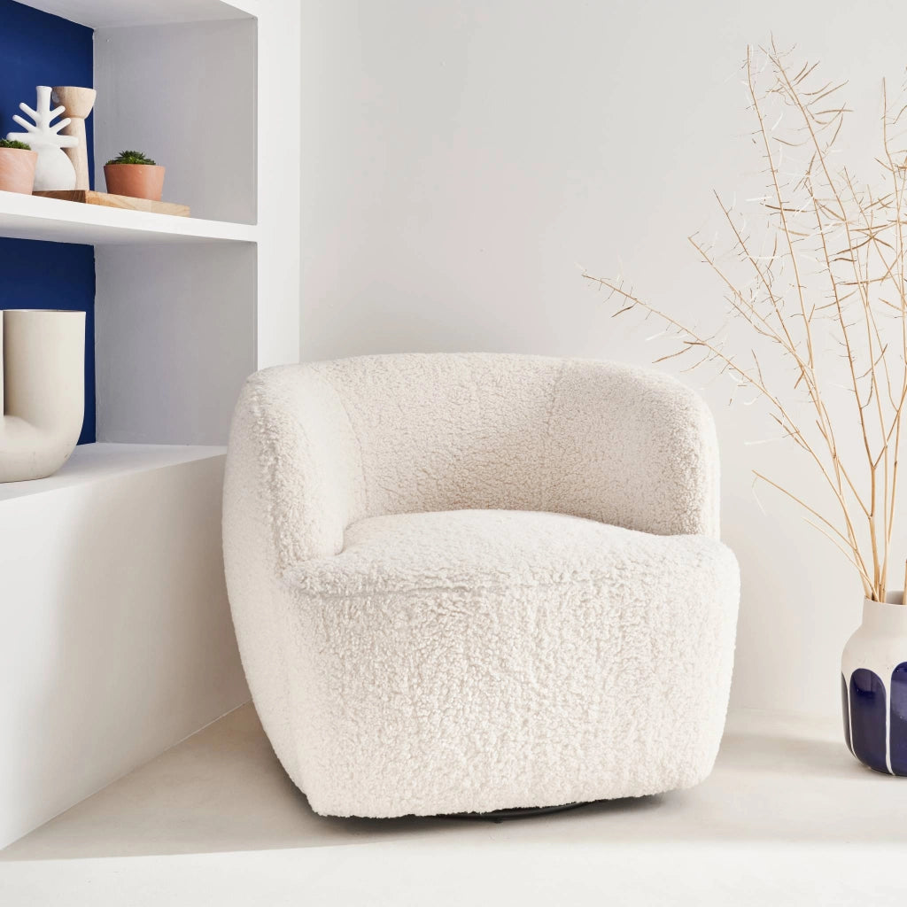 Poltrona girevole in metallo e bouclé, 360º, crema