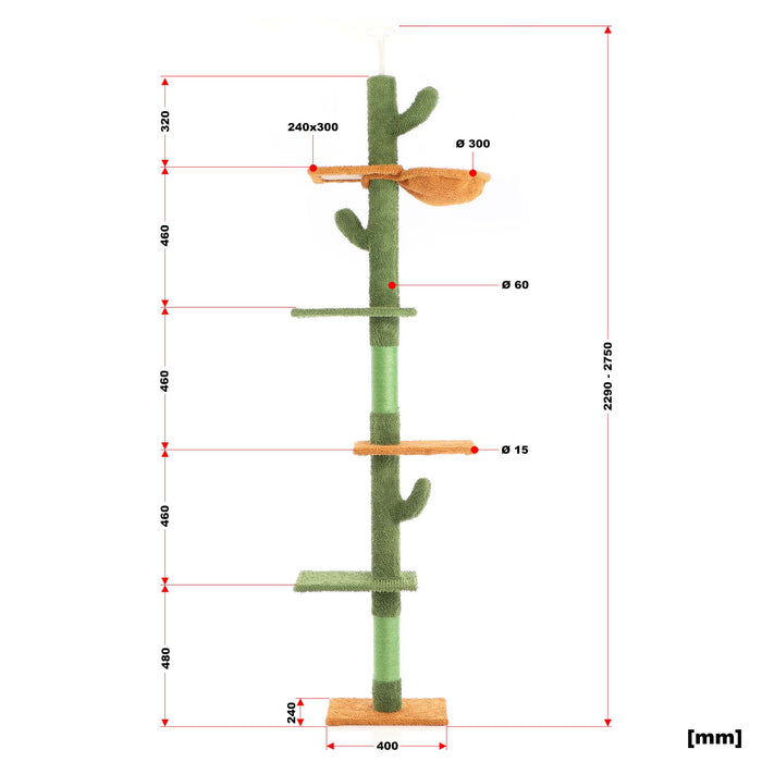 Fudajo Albero tiragraffi a soffitto verde 229-275cm Altezza regolabile con 4 livelli e sisal Gatti