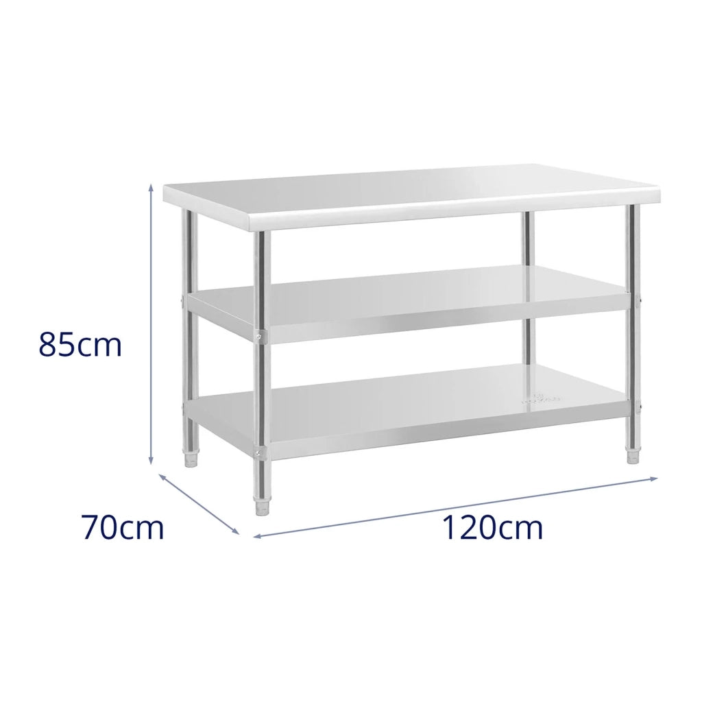Tavolo da lavoro in acciaio inox - 120 x 70 x 5 cm - 200 kg - 2 ripiani 14_0007324