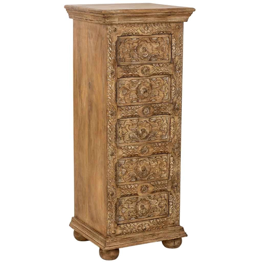 Sinfonier de madera artesanal con 5 cajones marrón 45x40x100h cm