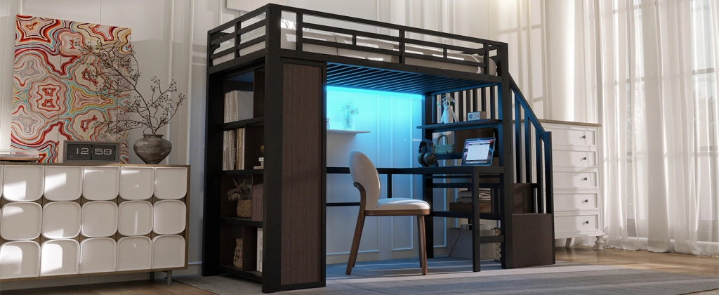 DESMIU Letto a Soppalco Singolo con Scrivania, Scaffali, Scala Contenitore e LED 90 × 200 cm, Senza Materasso