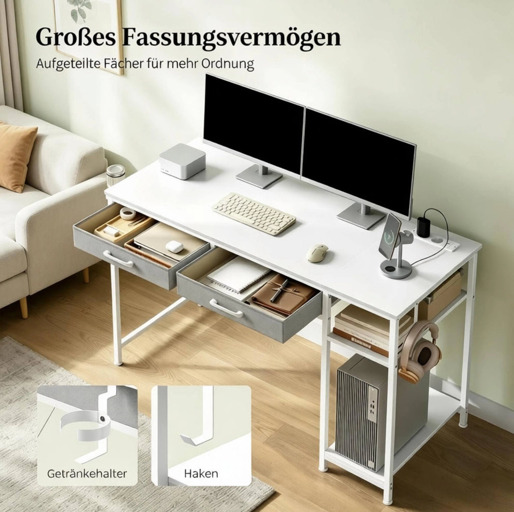 Scrivania ULEVR 120x51x75 cm con 2 cassetti in tessuto, ripiano laterale, prese USB e Type-C, bianca