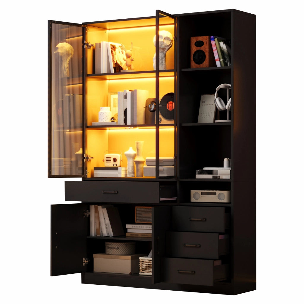 Hochschrank con vetrina in vetro, 120 x 35 x 200 cm, con 4 cassetti, 13 vani, LED, colore nero