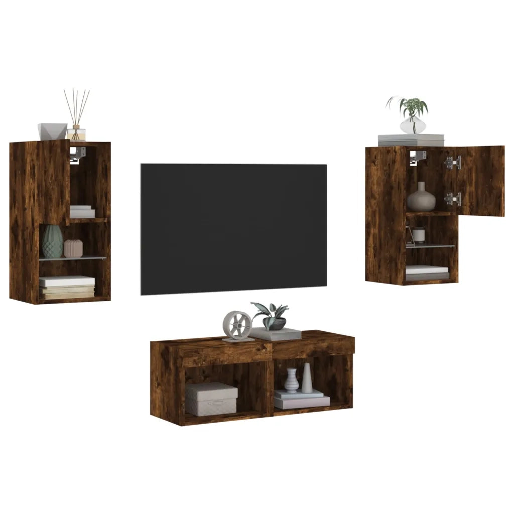 Mobili TV a Muro 4pz con Luci LED-Set di 4 Credenza per TV sospesa Rovere Fumo