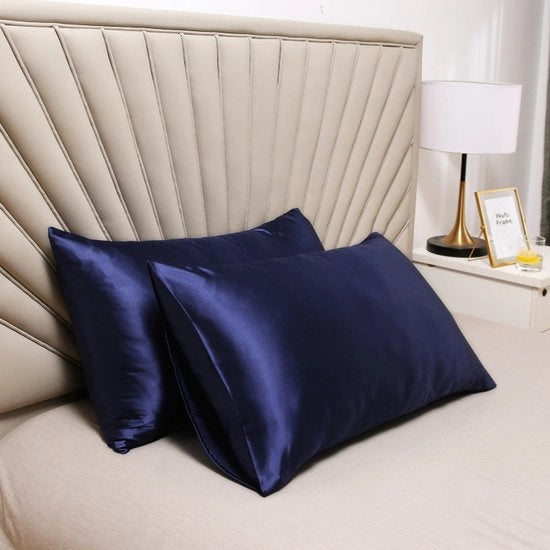 Cuscino a doppia faccia in seta - piuma morbida e soffice - chiusura a imbuto - protetto contro allergie e parassiti - protegge capelli e pelle dalle rughe - 51x91cm - Blu scuro