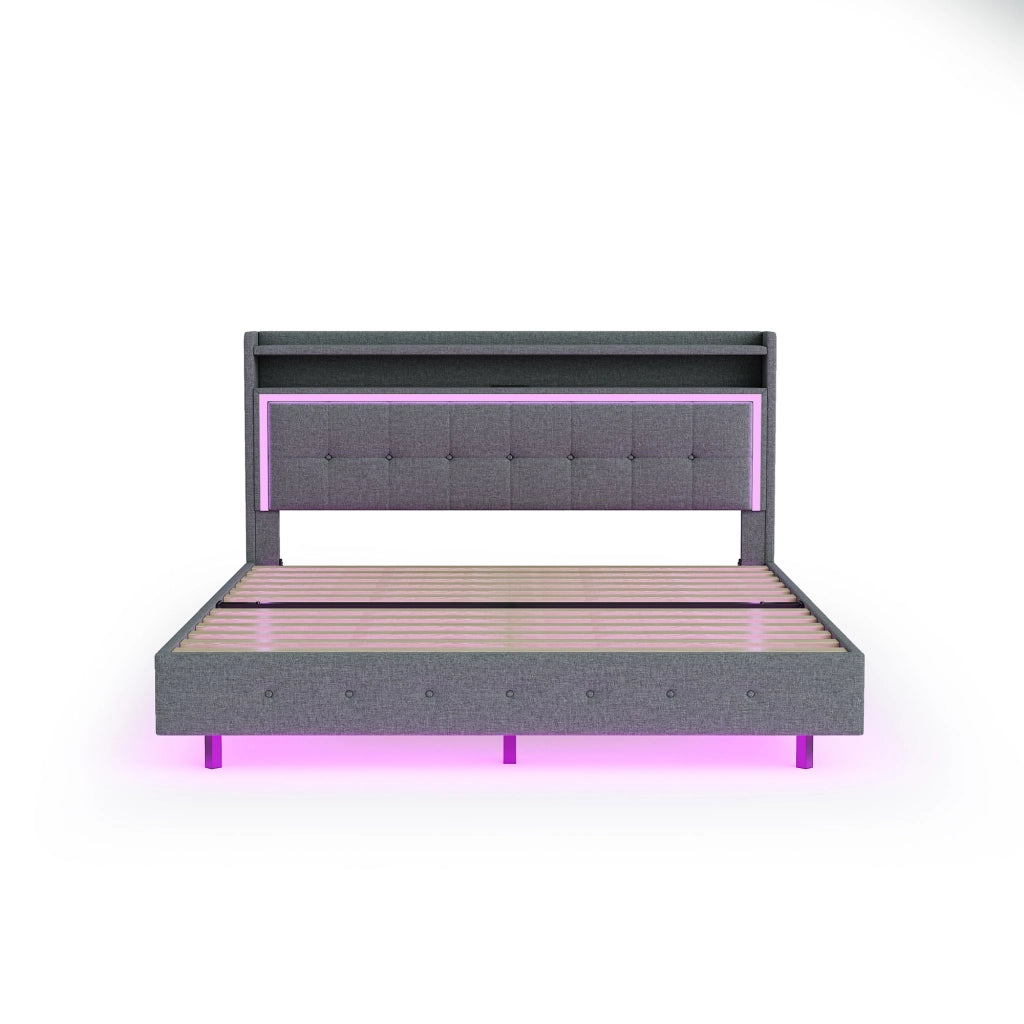Letto imbottito matrimoniale 140×200 cm con USB; LED e rete; senza materasso; tessuto; grigio