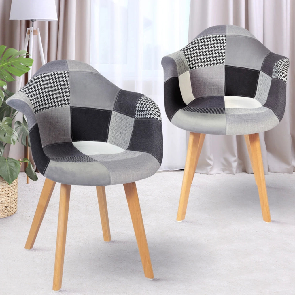 IDMarket - Set di 2 sedie da pranzo scandinave e poltrone da tavolo SARA con motivi patchwork neri, grigi e bianchi