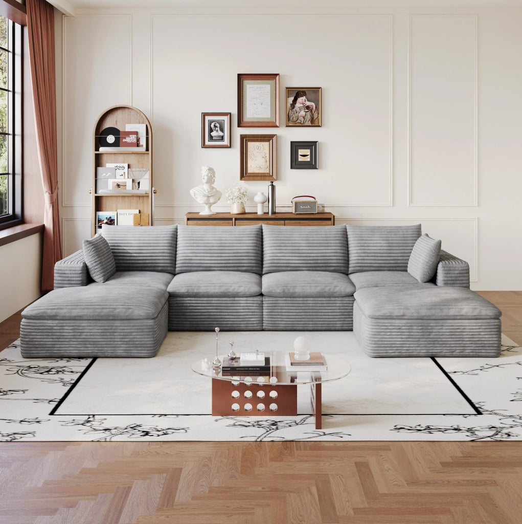 Divano modulare in tessuto grigio con supporto in schiuma; design componibile e imballo compresso