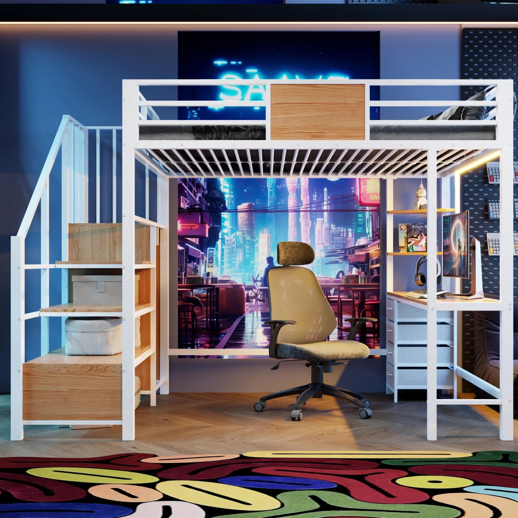Hochbett in metallo 140x200 cm con scrivania, ripiani, barra appendiabiti, LED e presa europea