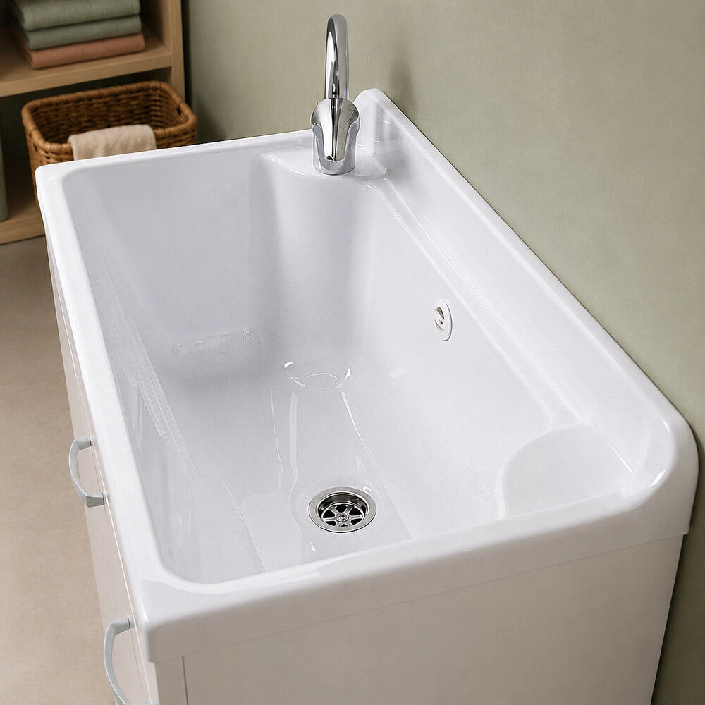 Mobile lavatoio 70x40 cm bianco opaco con vasca in abs con strofinatoio integrato e kit di scarico Medea