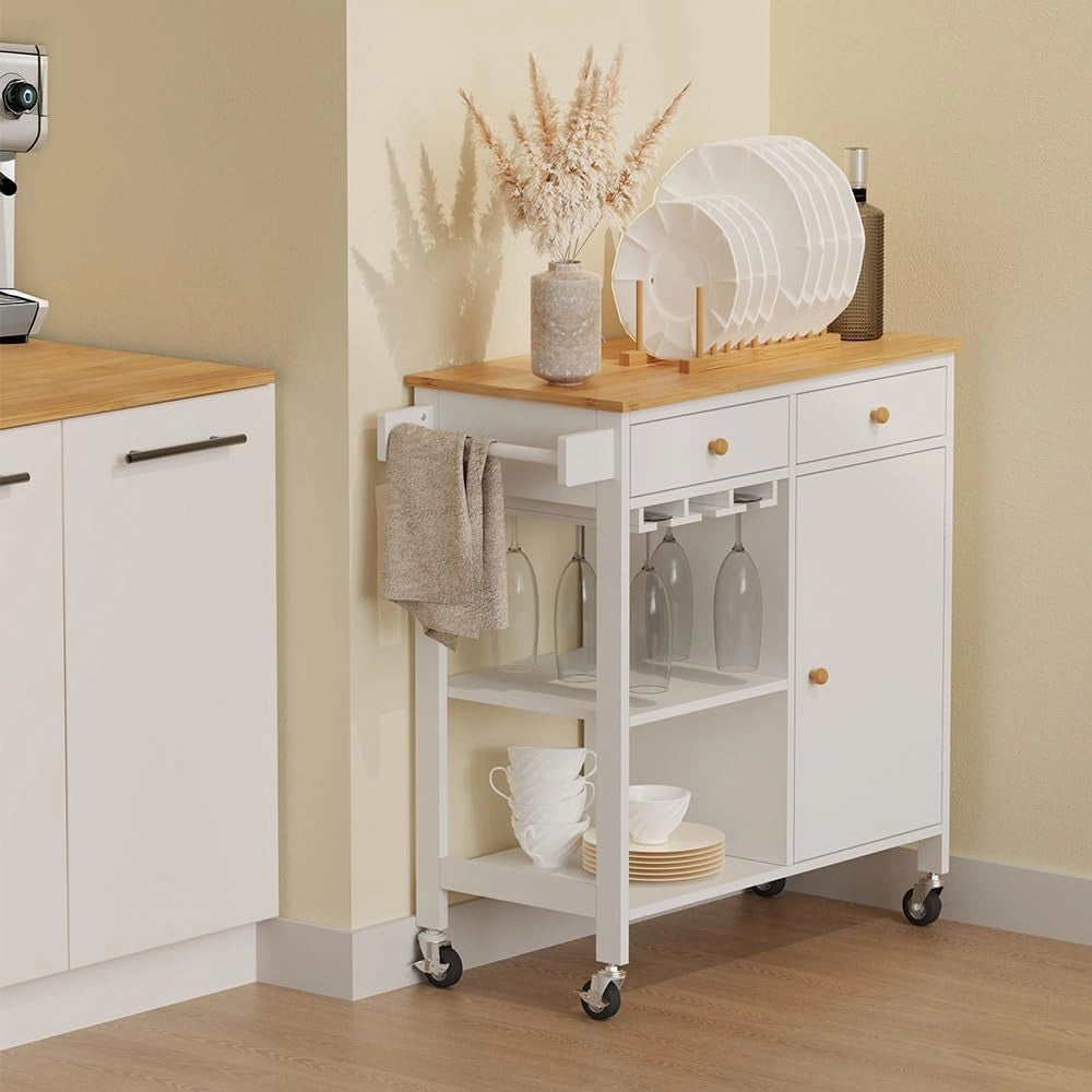 Carrello da cucina Trayz, Bianco, 89 x 87 cm con rotelle, con ripiano per bottiglie e portabicchieri per un utilizzo flessibile