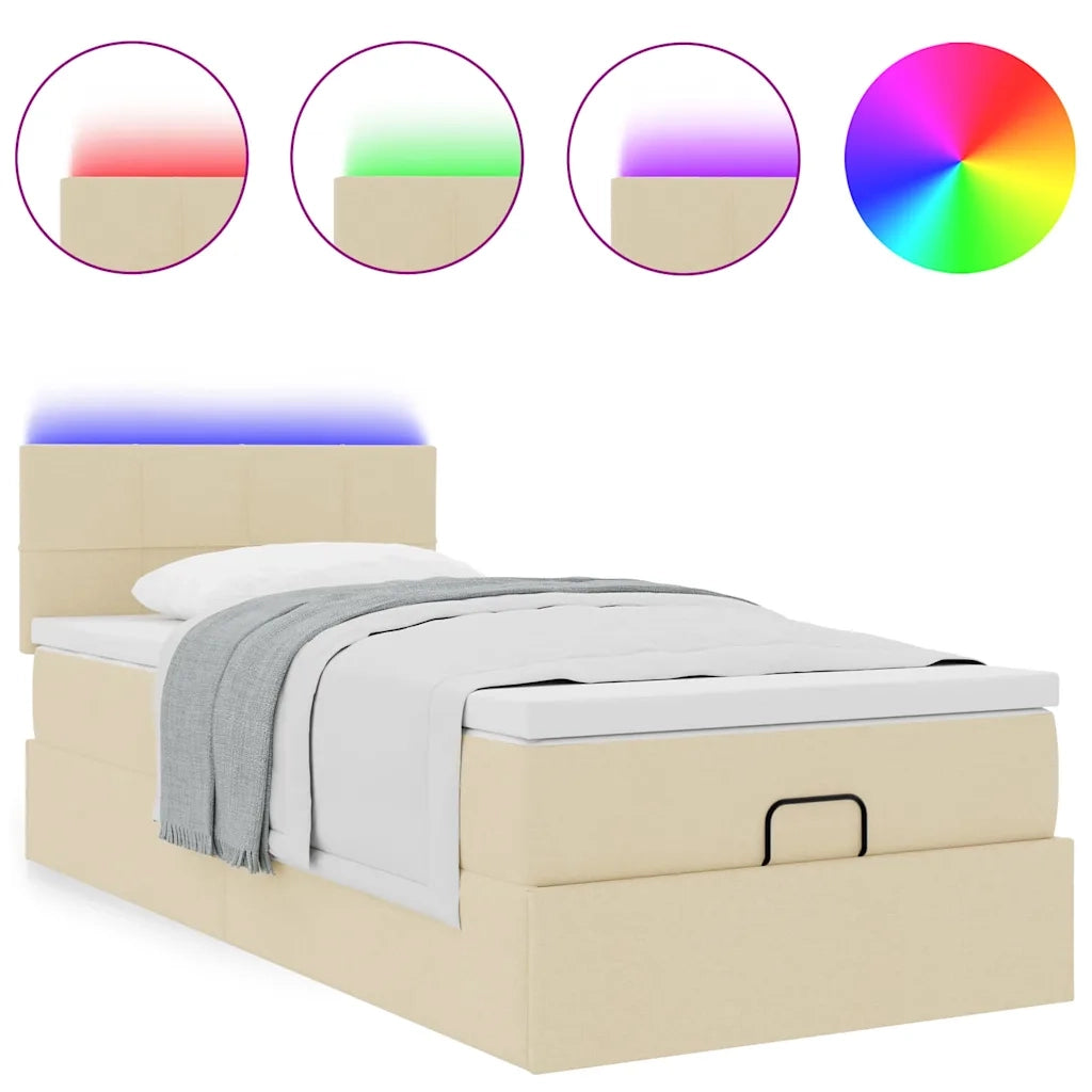 Pouf Letto con Materasso e LED Crema 90x200 cm in Tessuto