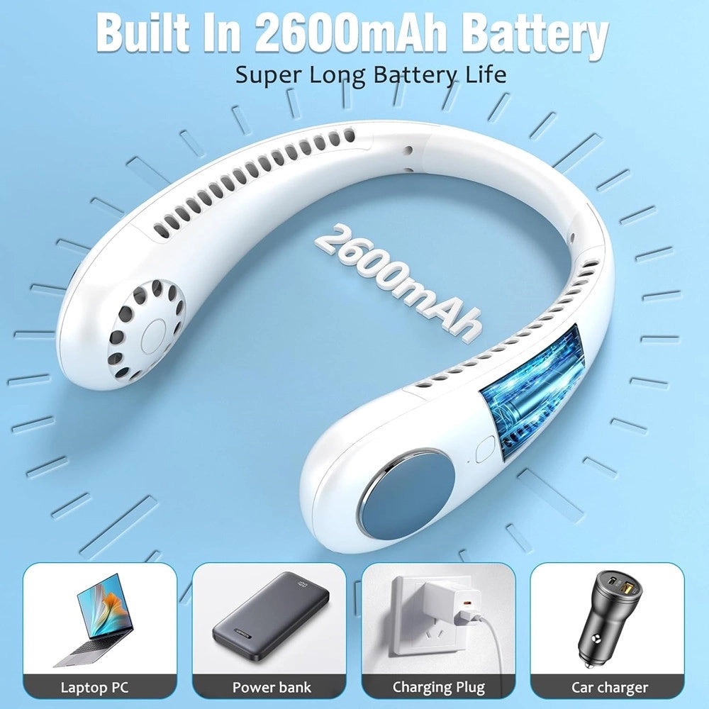 Trade Shop - Mini Ventilatore Collo Portatile Ricaricabile Usb Senza Pale 2600mah 3 Velocità Silenzioso -