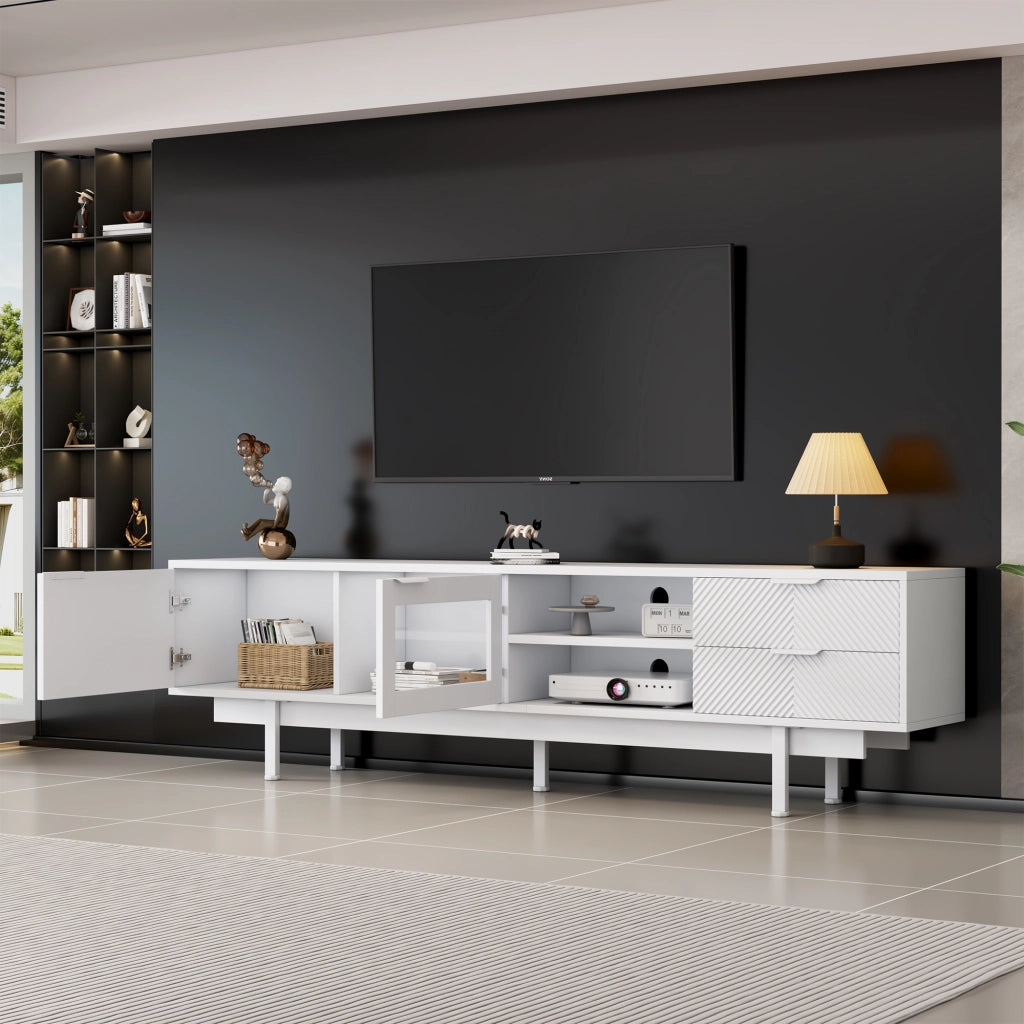 Mobile porta TV moderno con 2 ante e 2 cassetti in truciolare e vetro temperato bianco 200 × 40 × 50,5 cm
