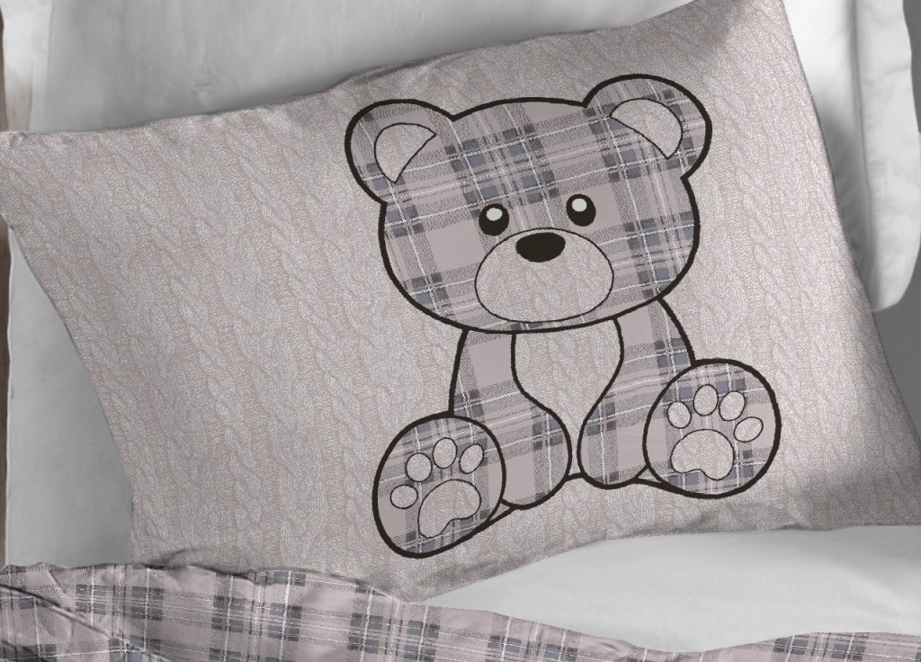 Copripiumino Sacco Piumone Cotone Flanella Pensieri Delicati Orsetto Tartan - Matrimoniale - Grigio