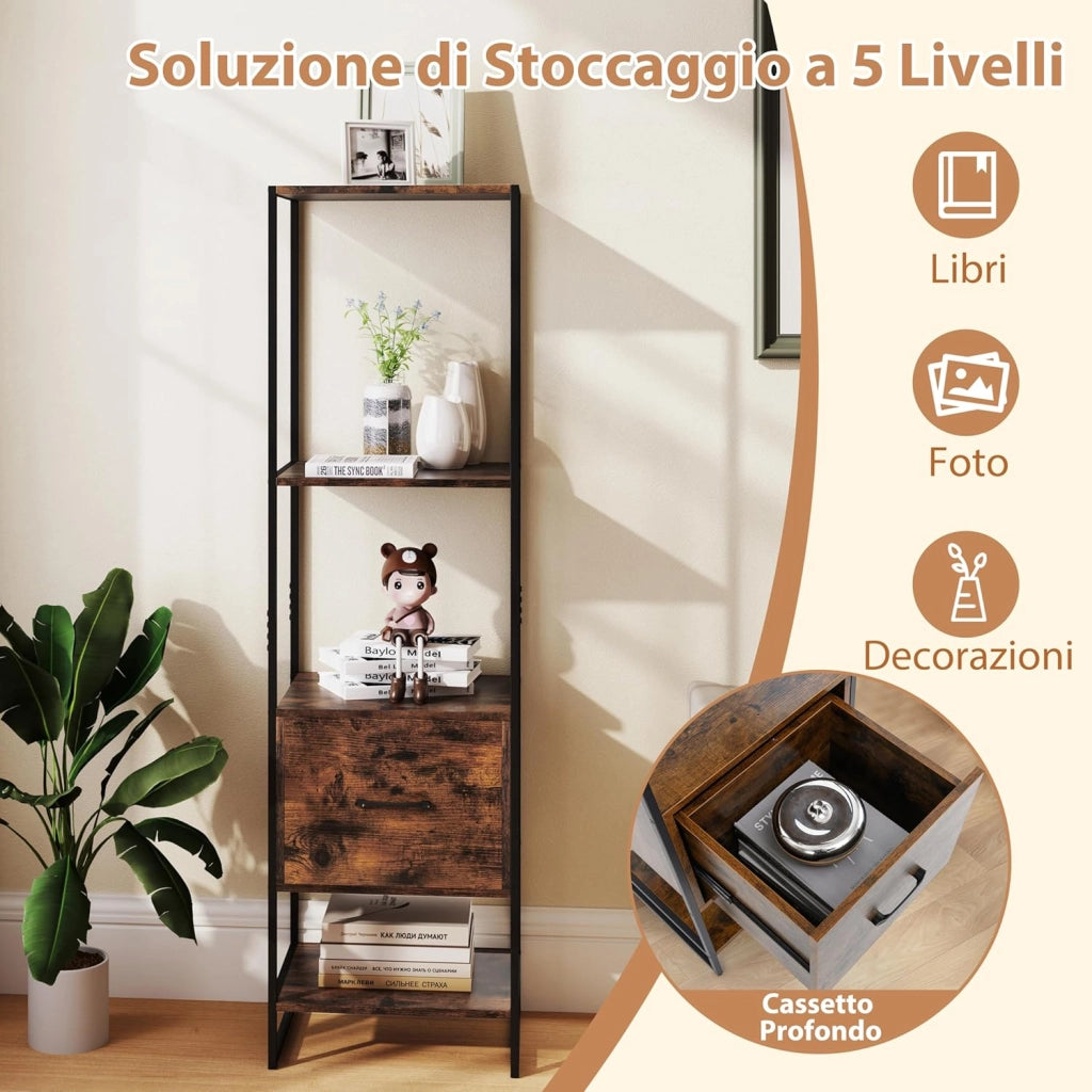Libreria a 5 Ripiani con Cassetto, Scaffale di Stoccaggio con Struttura in Metallo e Kit Antiribaltamento, Unità Espositiva Autoportante per Camera da Letto Soggiorno, 45x35x160 cm (Marrone)