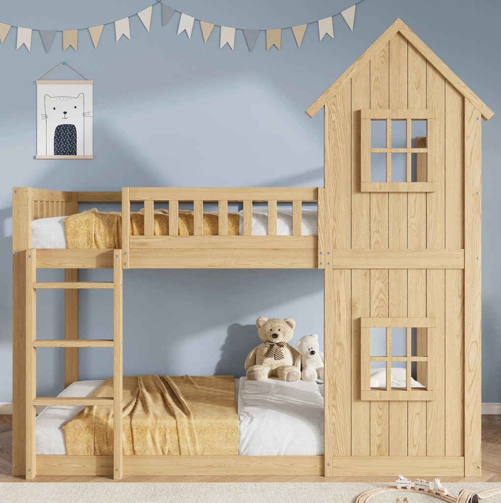 Letto a castello 90x200 cm con scala e finestre in legno di pino e MDF colore naturale