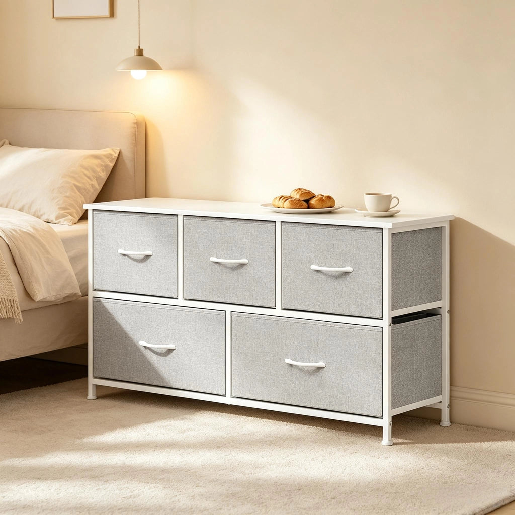 Cassettiera con 5 cassetti in tessuto e piano d'appoggio, per ingresso e soggiorno, 100 × 30 × 54 cm, grigio chiaro