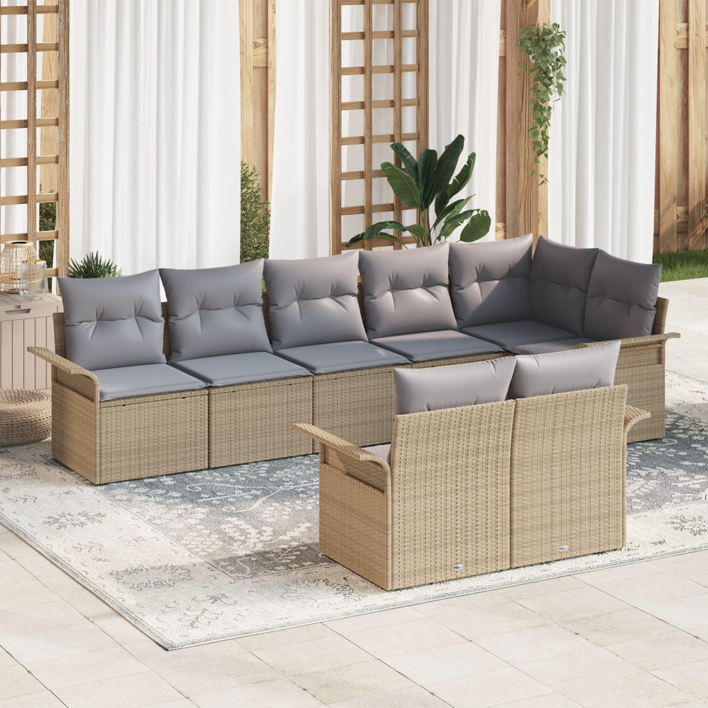 Set di Divani da Giardino a 8 Pezzi con Cuscini Beige Rattan Poliestere