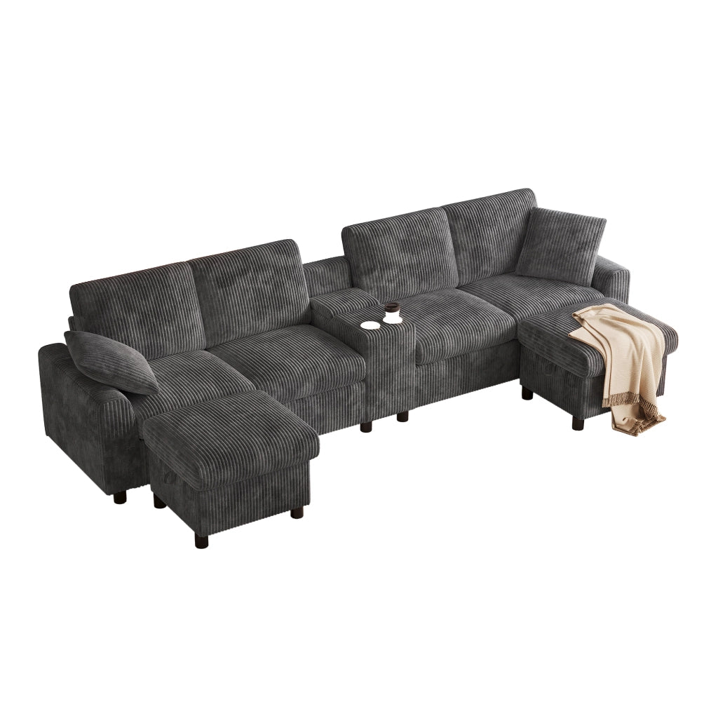 Divano U angolare in velluto a coste ¨C MINIMAL ¨C grigio, con pouf contenitore, tavolino, portabicchieri, USB e prese, 315x135x81 cm