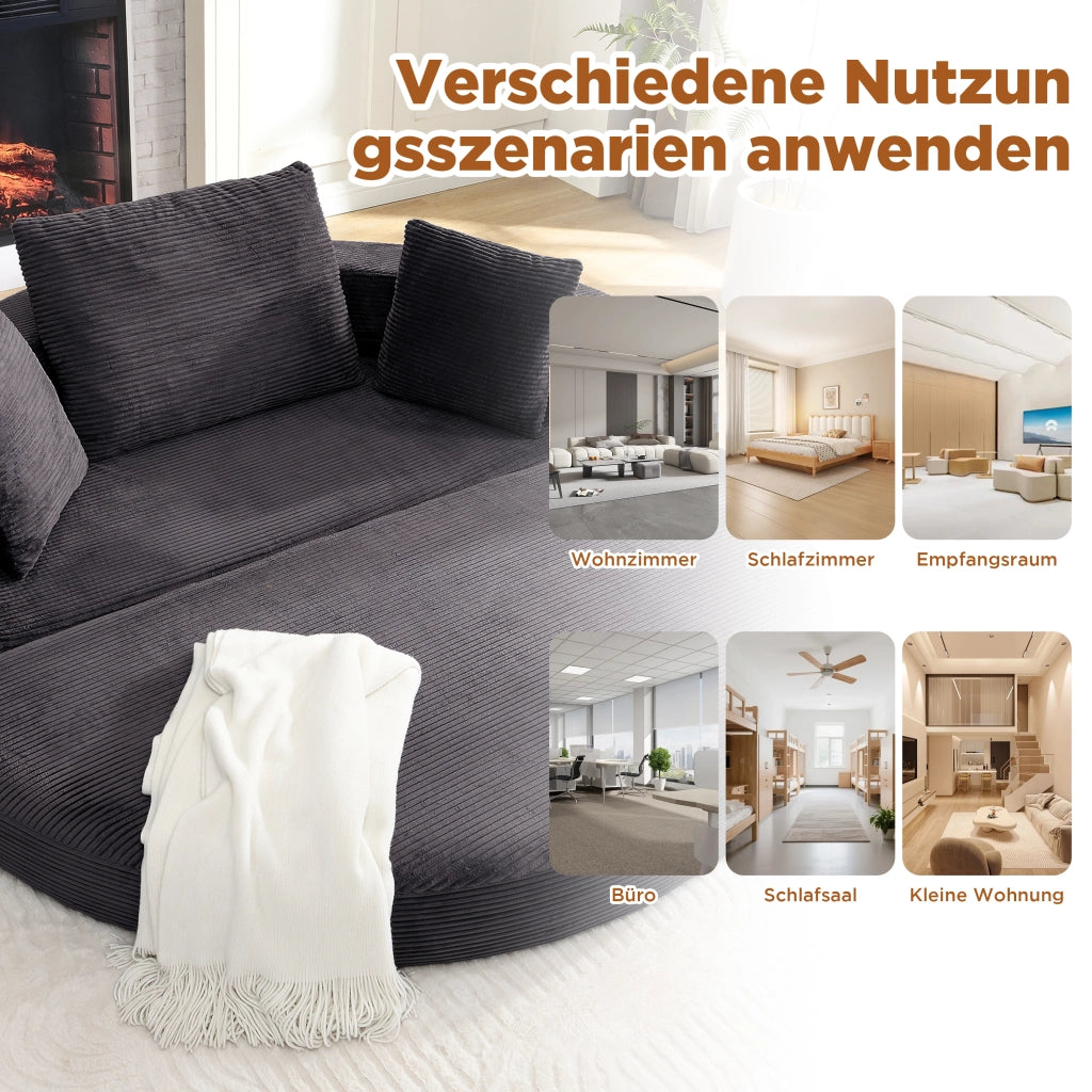 Divano letto pieghevole senza molle in velluto a coste con 3 cuscini e schienale alto nero 173 × 176 cm