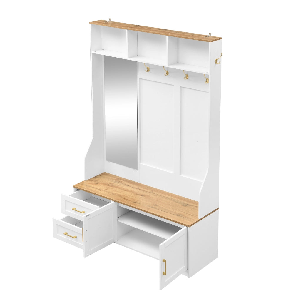 Mobile Ingresso con Specchio; LED; Ganci; Ante e Cassetti; Stile Moderno; in MDF; 120??40??187 cm; Bianco e Legno