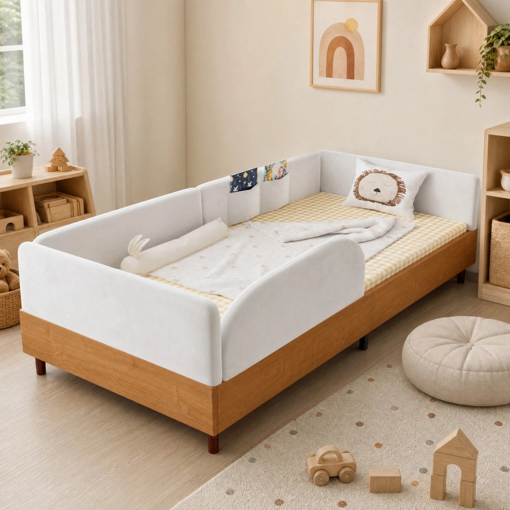 Letto con Sponda 90x200 cm; Letto Singolo - 2 Tasche - Velluto - Bianco e Naturale