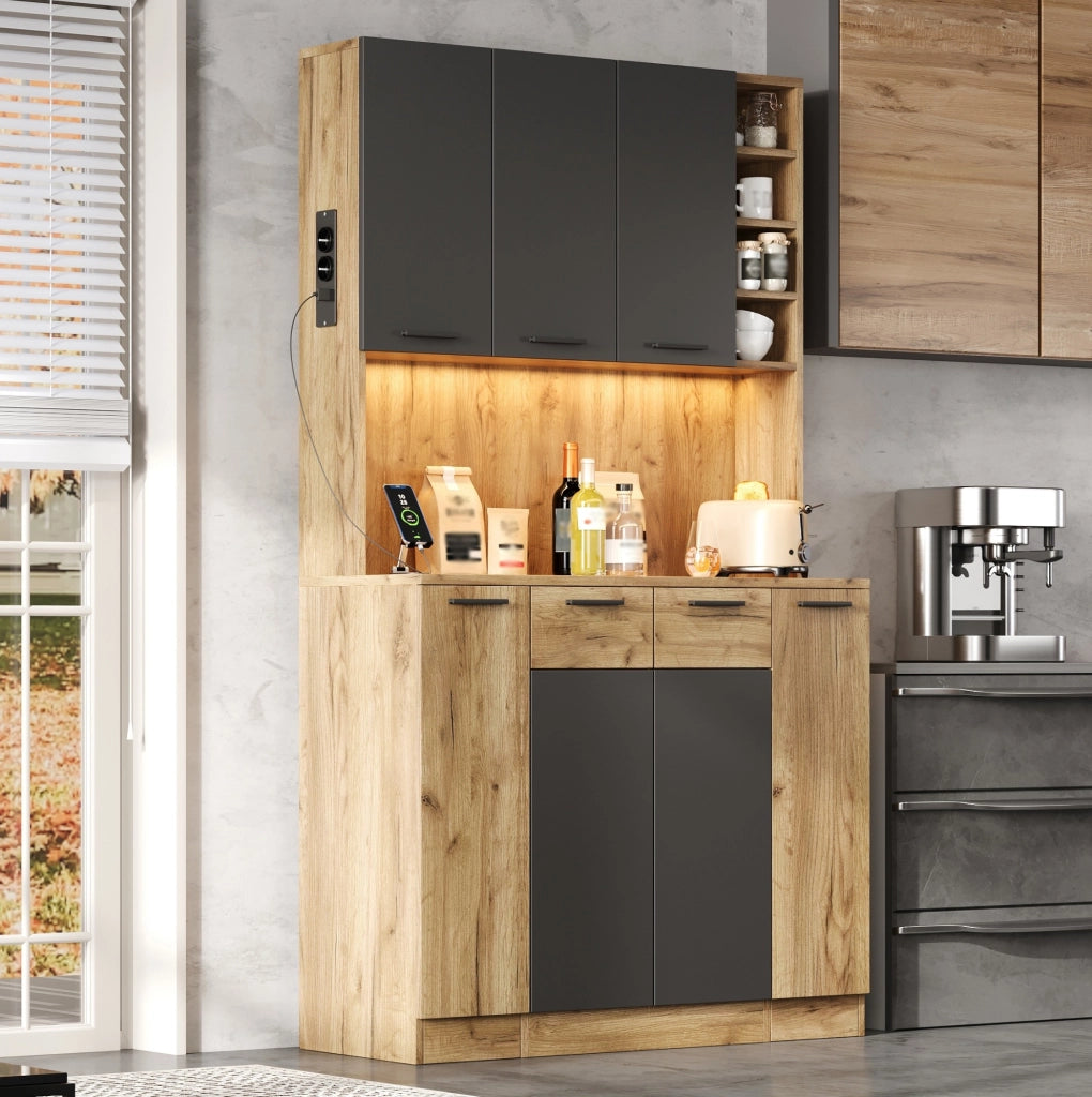 Credenza alta da cucina con LED RGB, prese e ripiani estraibili