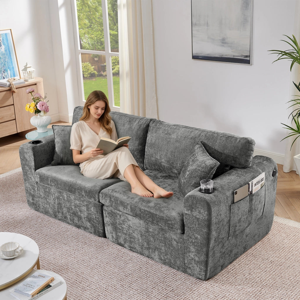 Divano relax 2 posti compatto con tasca laterale portabicchieri e cuscini in chenille grigio per piccoli spazi