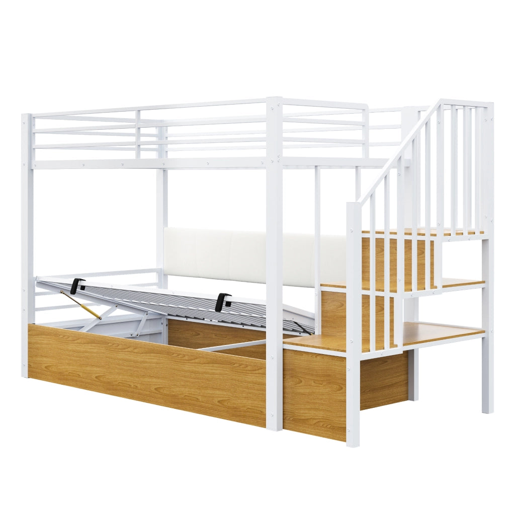 Letto a castello 90 × 200 cm con scala contenitore, vano con sollevamento idraulico, senza materasso, bianco