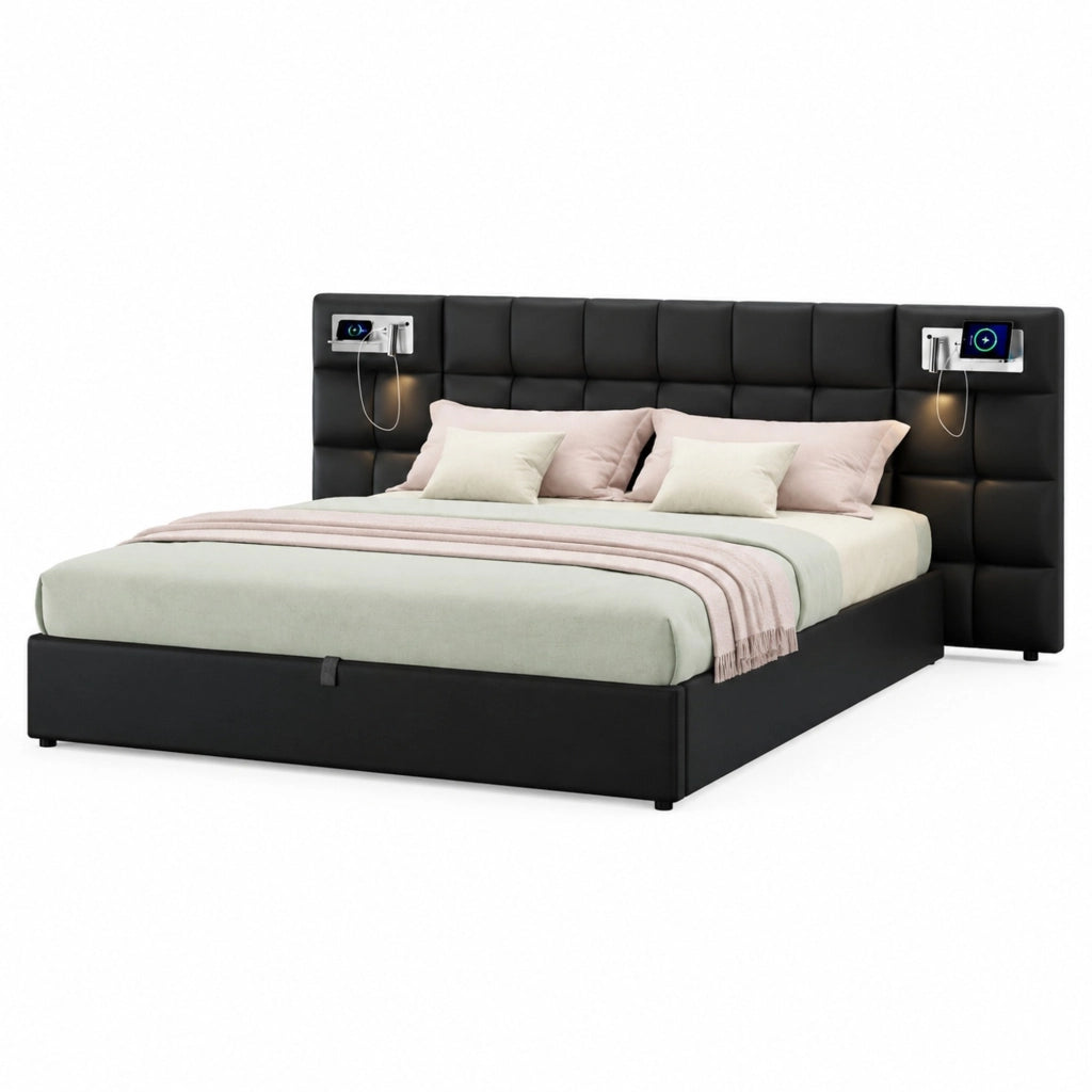 Letto imbottito 180x200 cm con USB, ricarica wireless, luce e contenitore, PU nero