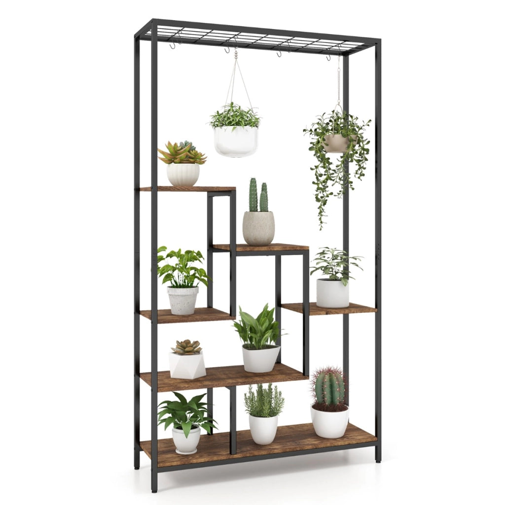 Scaffale per piante 180cm a 6 livelli con 10 ganci e ripiani per piante-Scaffale porta piante in metallo Marrone