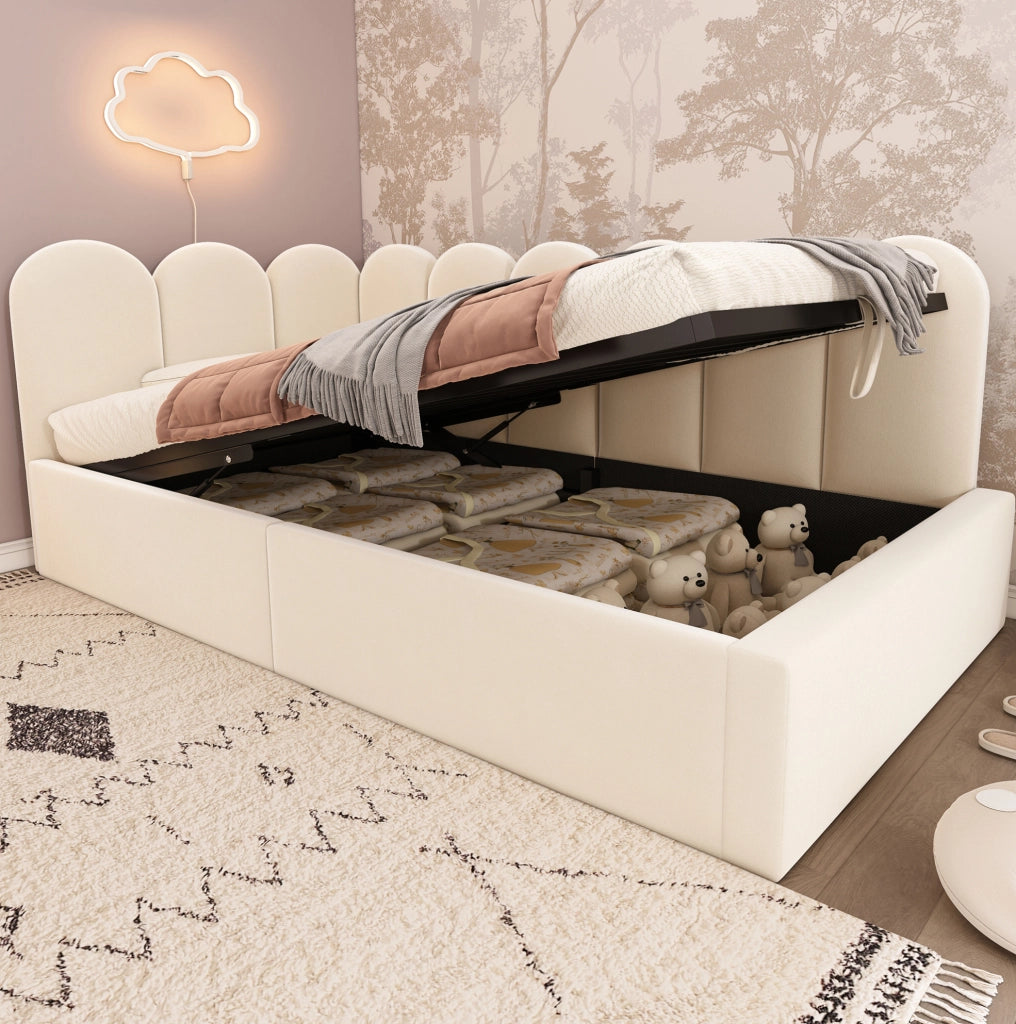 Divano letto 90x200 cm; contenitore idraulico; velluto beige (Senza materasso)
