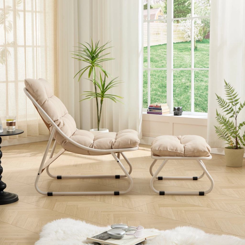 Poltrona relax da esterno con pouf beige in acciaio