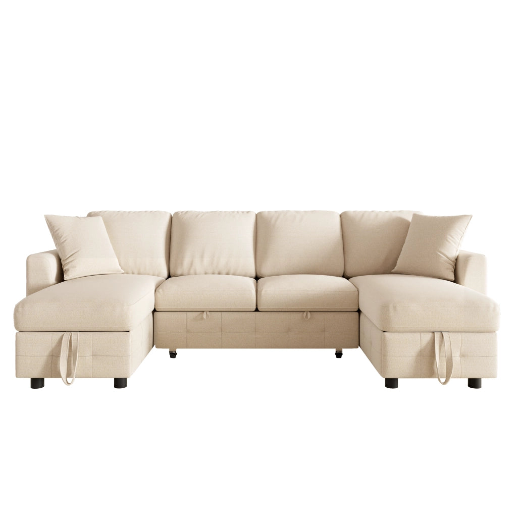 Divano letto a U in chenille beige con funzione estraibile, 2 chaise longue contenitore, USB e Type-C, 260¡Á128¡Á82 cm
