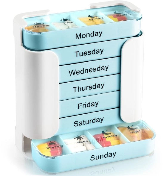 Pillenbox per 7 giorni con 4 celle, week planner per pillole, BPA libero, facile da aprire, ideale per viaggi e uso quotidiano.