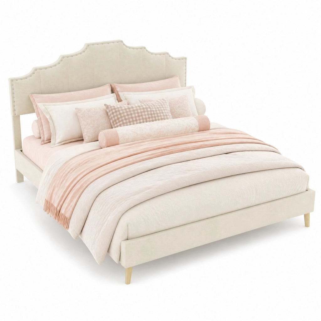 Letto matrimoniale 160x200 cm in tessuto e metallo beige