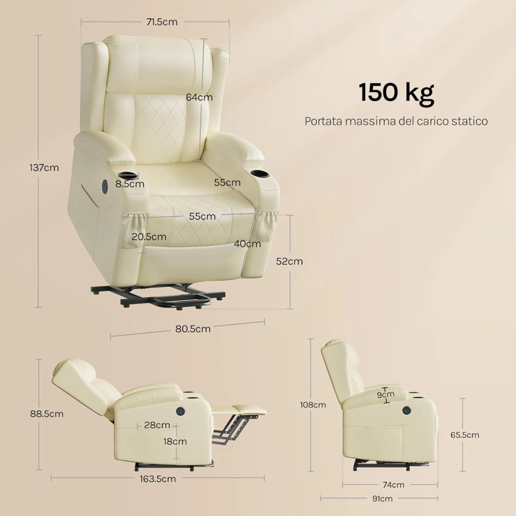 Poltrona Elettrica Reclinabile, Sedia Massaggiante con Alzapersone, Riscaldamento, Poggiapiedi, Tasche Laterali, Porta USB, Portabicchieri, per Soggiorno, PU, Beige, SKS62be