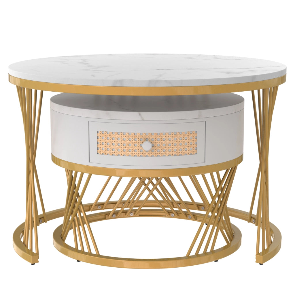 TAVOLINI DA CAFFÈ Set da 2 pezzi rotondi 70x70x45,5 cm e 50x50x38,5 cm MDF Bianco/Oro