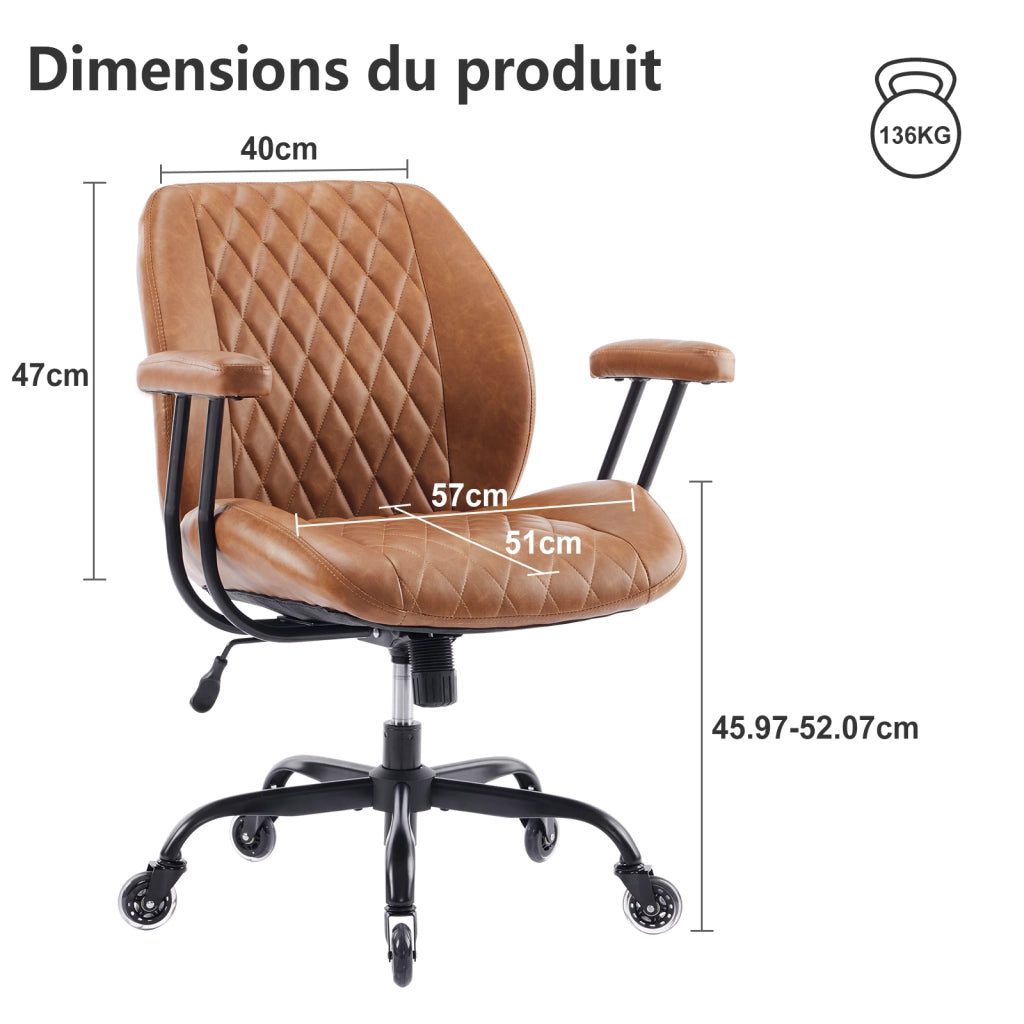 Sedia da ufficio ergonomica con altezza regolabile e rotelle per pavimenti diversi in pelle marrone 56 × 58 × 33 cm