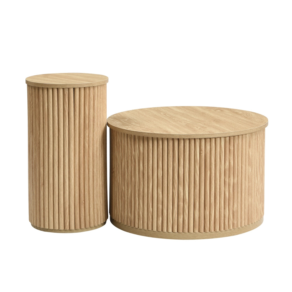 Set 2 Tavolini da Caffè Rotondi in MDF Colore Naturale; Design a Strisce 3D; 60x60x38.5 cm e 30x30x56 cm