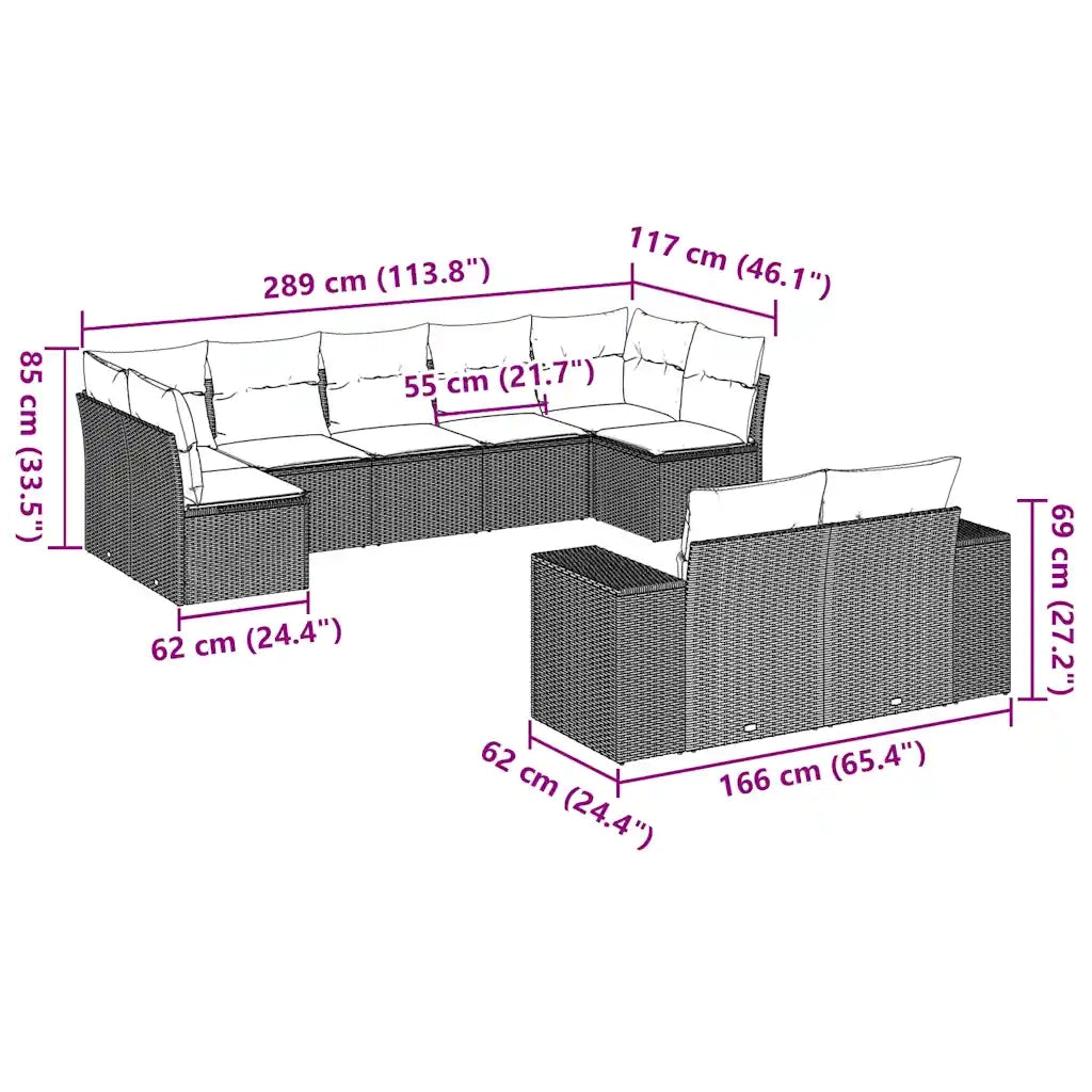 Set Divano da Giardino 9pz con Cuscini Grigio Chiaro Polyrattan 3223021