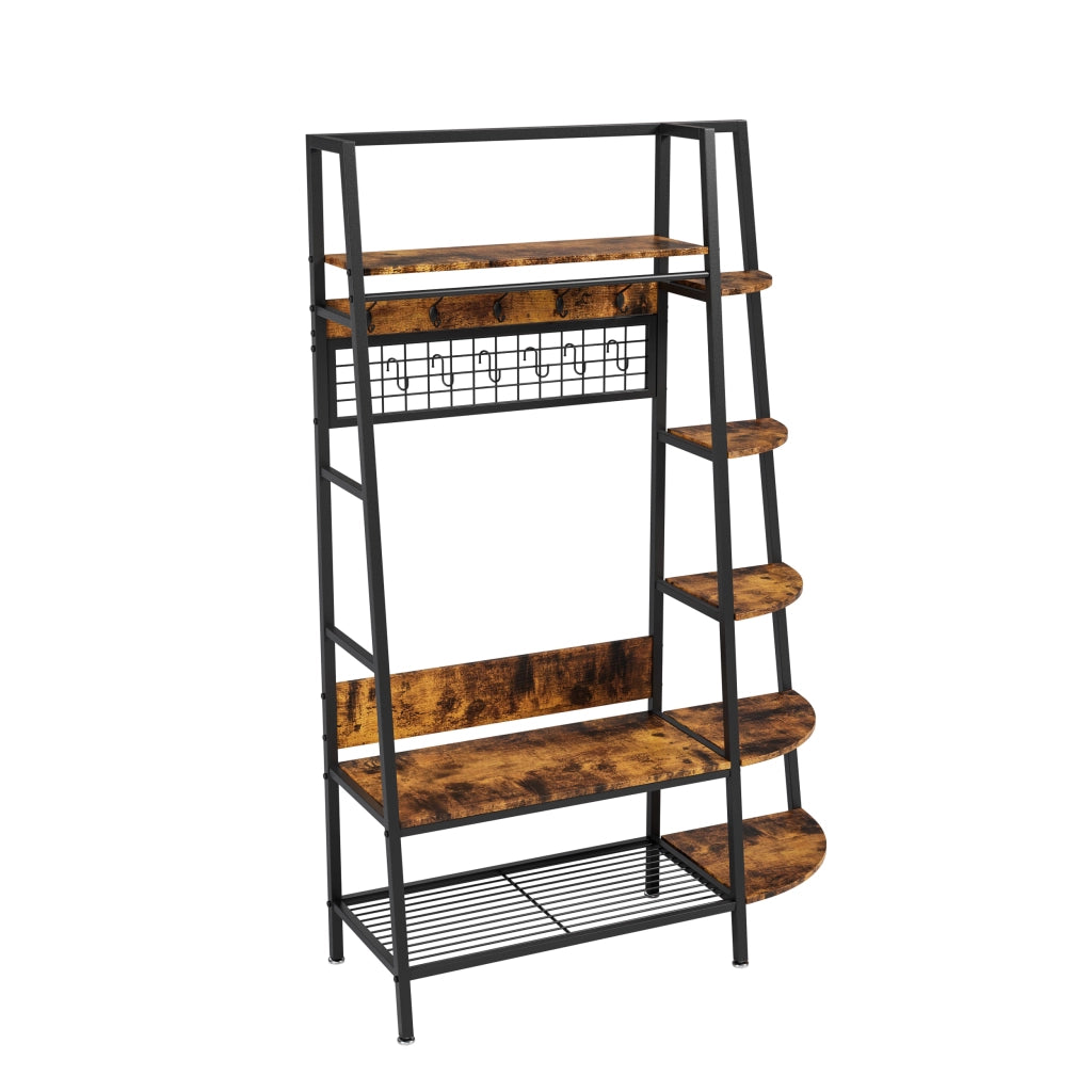 Appendiabiti da terra industrial con 3 ripiani, struttura in metallo e legno, nero/marrone