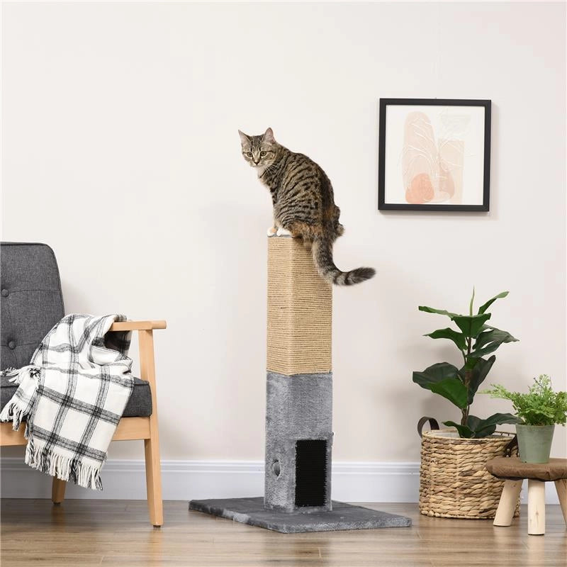 ALBERO TIRAGRAFFI PER GATTI CON 2 PALLINE GIOCATTOLO E SPAZZOLA IN LEGNO IUTA E PELUCHE 59.5X39X79 CM GRIGIO
