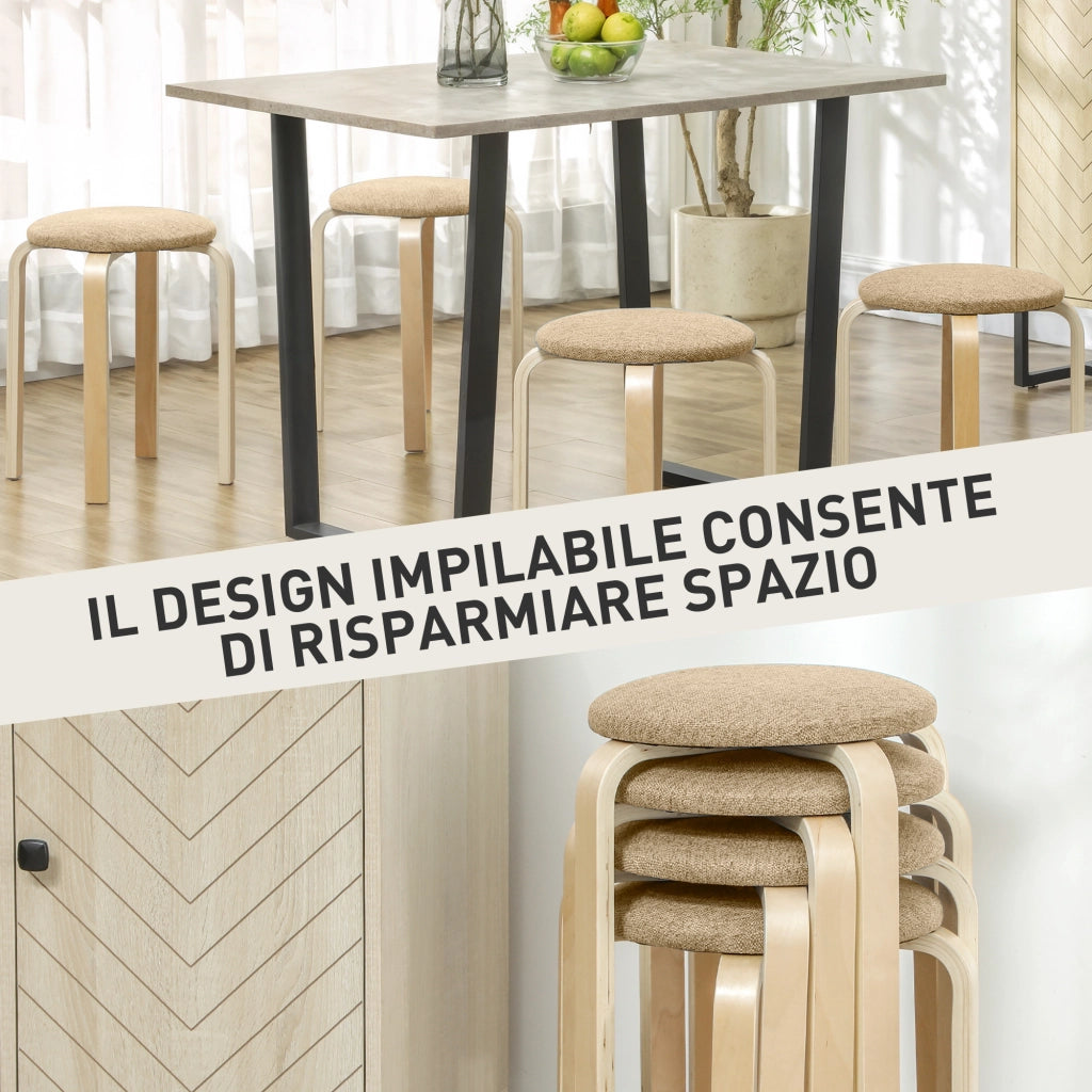 Set 4 Sgabelli Impilabili e Imbottiti con Rivestimento in Tessuto e Gambe in Legno, Cachi