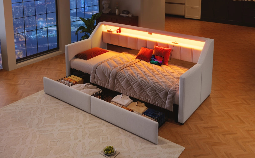 DESMIU Divano letto 90 × 200 cm 1 posto con USB, Type-C, LED, 2 cassetti e tasche, senza materasso, beige