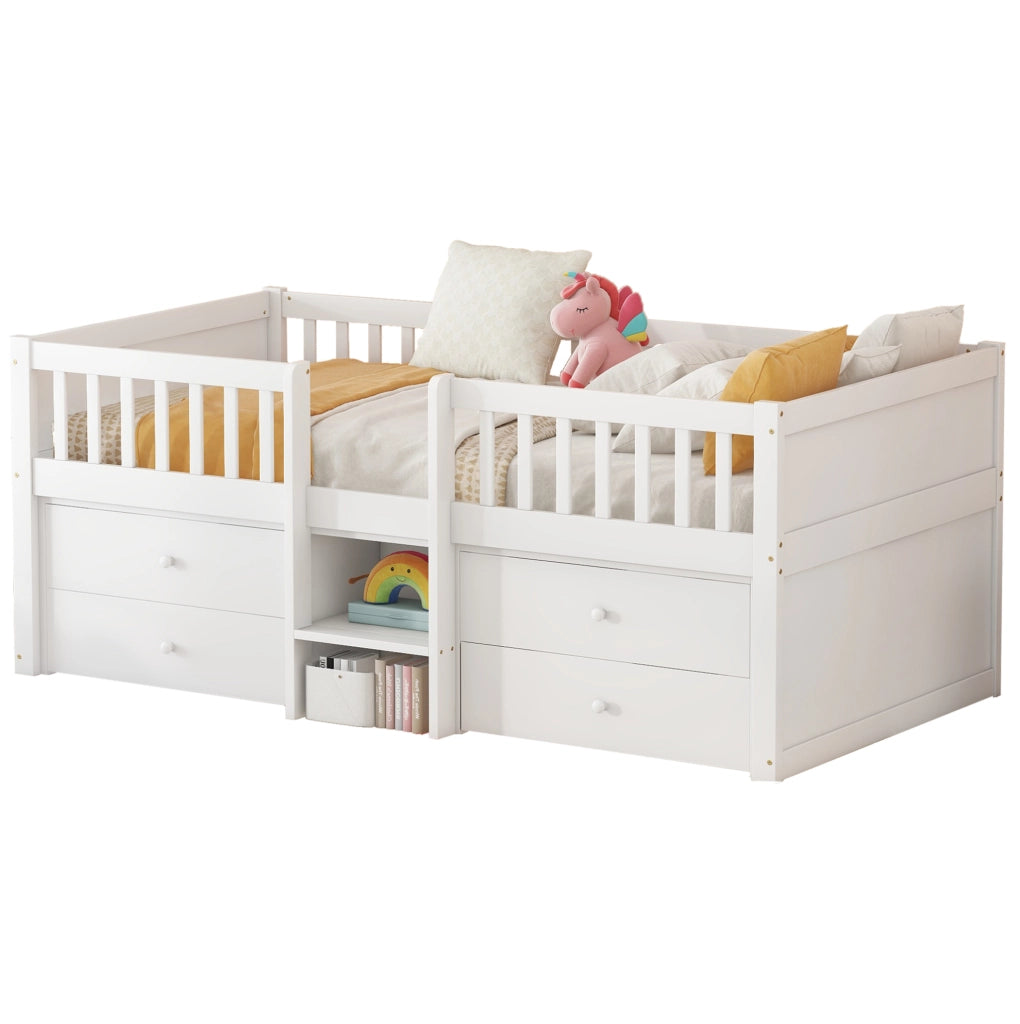 Letto a soppalco 90x200 cm con 4 cassetti; sponde di sicurezza e scala; bianco