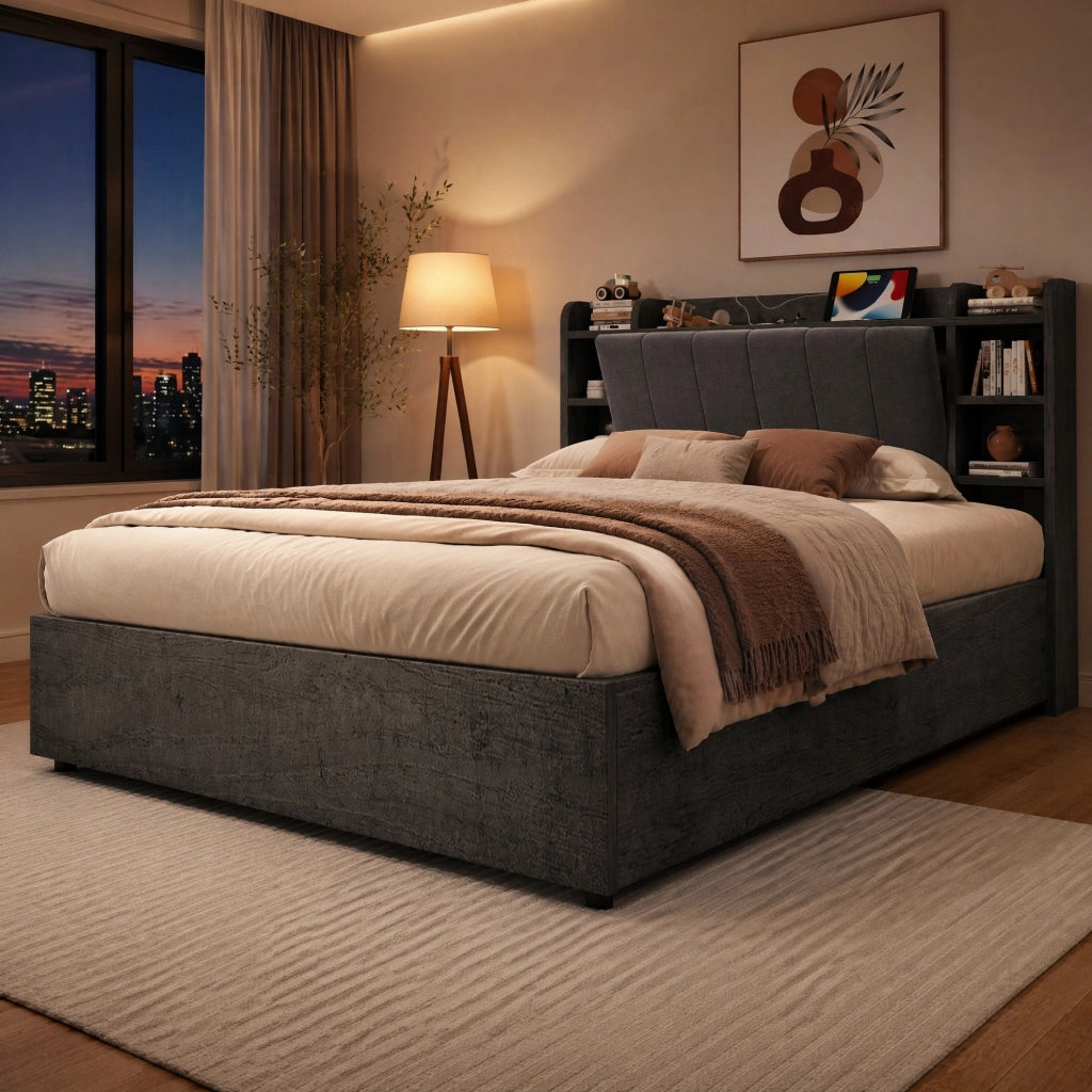 Letto Contenitore Letto Singolo 180 x 200 cm con USB; Type-C e Testiera con Ripiani; Grigio
